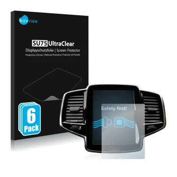 Front side of a product packaging with the brand logo Savvies. Next to it is the device Volvo XC90 Senus 2015-2017 shown with 