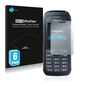 Front side of a product packaging with the brand logo Savvies. Next to it is the device Samsung Xcover 550 shown with the corr