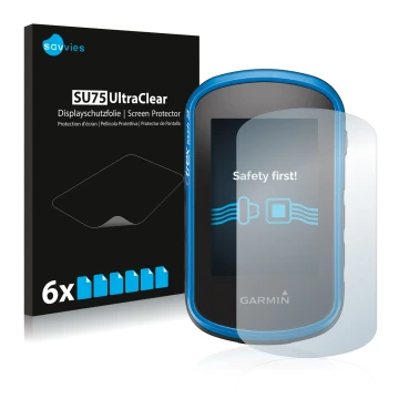 Front side of a product packaging with the brand logo Savvies. Next to it is the device Garmin eTrex Touch 25 shown with the c
