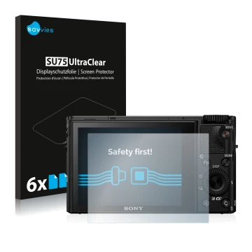 Front side of a product packaging with the brand logo Savvies. Next to it is the device Sony Cyber-Shot DSC-RX100 IV shown wit