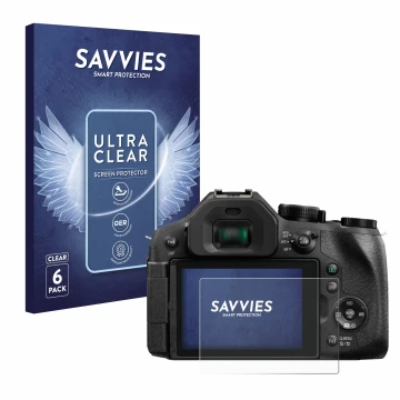 Front side of a product packaging with the brand logo Savvies. Next to it is the device Panasonic Lumix DMC-FZ300 shown with t