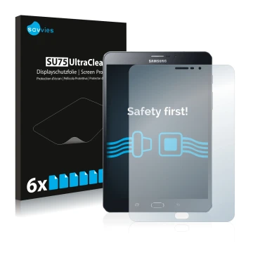 Front side of a product packaging with the brand logo Savvies. Next to it is the device Samsung Galaxy Tab Tab S2 8.0 LTE show