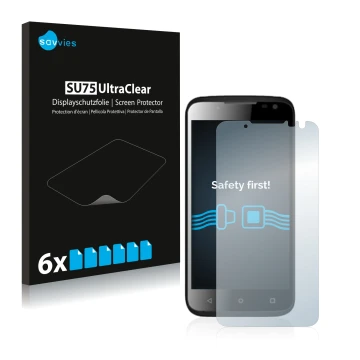 Front side of a product packaging with the brand logo Savvies. Next to it is the device Yezz Andy 4.5EL shown with the corresp