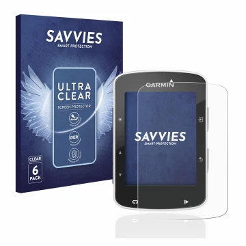 Front side of a product packaging with the brand logo Savvies. Next to it is the device Garmin Edge 520 shown with the corresp