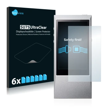 Front side of a product packaging with the brand logo Savvies. Next to it is the device Astell&Kern AK Jr shown with the corre