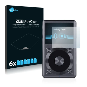 Front side of a product packaging with the brand logo Savvies. Next to it is the device FiiO X3 II shown with the correspondin