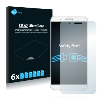 Front side of a product packaging with the brand logo Savvies. Next to it is the device Honor 7i shown with the corresponding 