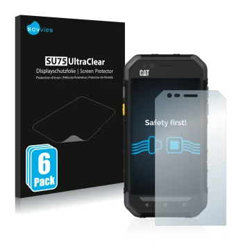 Front side of a product packaging with the brand logo Savvies. Next to it is the device Caterpillar Cat S30 shown with the cor
