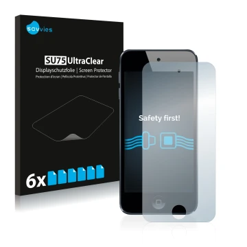 Front side of a product packaging with the brand logo Savvies. Next to it is the device Apple iPod Touch (6th. Gen.) shown wit