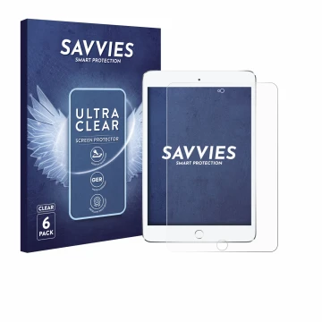 Front side of a product packaging with the brand logo Savvies. Next to it is the device Apple iPad Mini 4 2015 shown with the 