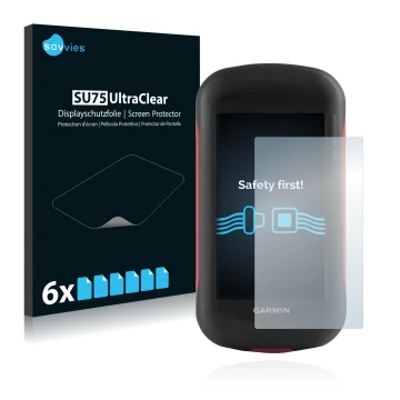 Front side of a product packaging with the brand logo Savvies. Next to it is the device Garmin Montana 680 shown with the corr