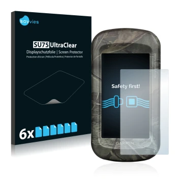 Front side of a product packaging with the brand logo Savvies. Next to it is the device Garmin Montana 680t shown with the cor