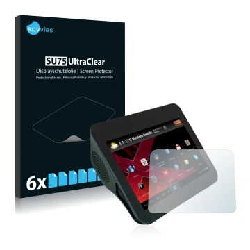 Front side of a product packaging with the brand logo Savvies. Next to it is the device Xoro HMT 360 shown with the correspond