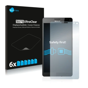 Front side of a product packaging with the brand logo Savvies. Next to it is the device Microsoft Lumia 950 XL shown with the 