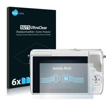 Front side of a product packaging with the brand logo Savvies. Next to it is the device Canon EOS M10 shown with the correspon