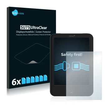 Front side of a product packaging with the brand logo Savvies. Next to it is the device Tolino Shine 2 HD shown with the corre