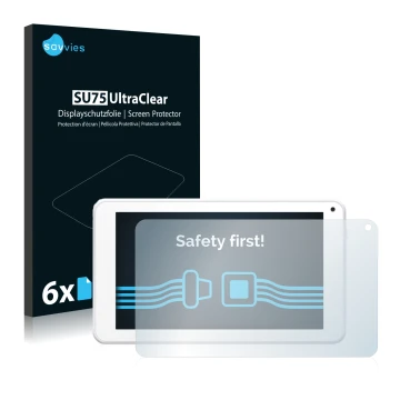 Front side of a product packaging with the brand logo Savvies. Next to it is the device BigBen Unity Tab 7 shown with the corr