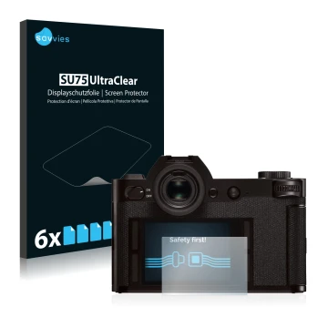 Front side of a product packaging with the brand logo Savvies. Next to it is the device Leica SL (Typ 601) shown with the corr