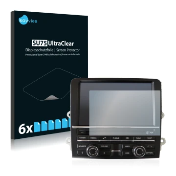 Front side of a product packaging with the brand logo Savvies. Next to it is the device Porsche Carrera 991 2012 PCM 3.1 shown