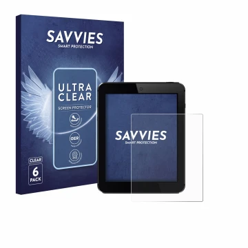 Front side of a product packaging with the brand logo Savvies. Next to it is the device shown with the corresponding screen pr