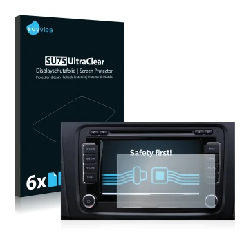 Front side of a product packaging with the brand logo Savvies. Next to it is the device Volkswagen Touareg 2009 RNS 510 6.5