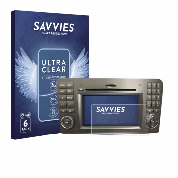 Front side of a product packaging with the brand logo Savvies. Next to it is the device Mercedes-Benz Comand APS 2.5 shown wit