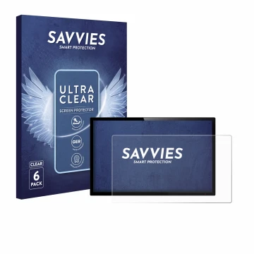 Front side of a product packaging with the brand logo Savvies. Next to it is the device shown with the corresponding screen pr