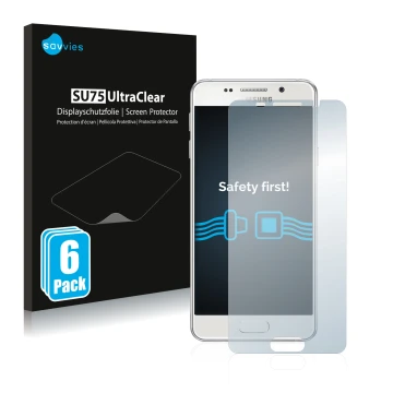 Front side of a product packaging with the brand logo Savvies. Next to it is the device Samsung Galaxy A3 2016 shown with the 