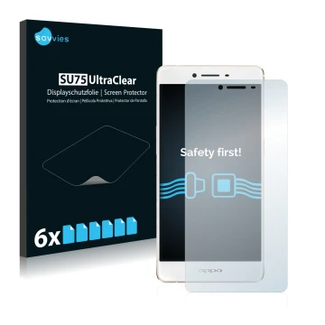 Front side of a product packaging with the brand logo Savvies. Next to it is the device Oppo R7s shown with the corresponding 