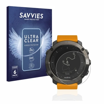 Front side of a product packaging with the brand logo Savvies. Next to it is the device Suunto Traverse shown with the corresp