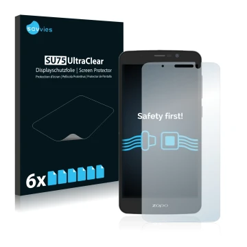 Front side of a product packaging with the brand logo Savvies. Next to it is the device Zopo Color S5.5 shown with the corresp