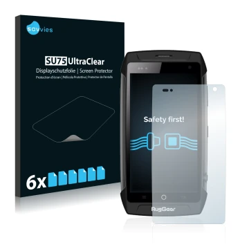 Front side of a product packaging with the brand logo Savvies. Next to it is the device RugGear RG730 shown with the correspon