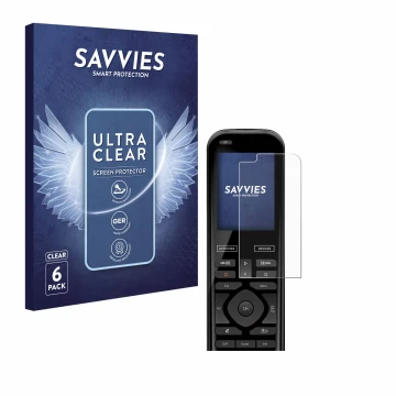 Front side of a product packaging with the brand logo Savvies. Next to it is the device Logitech Harmony 950 shown with the co