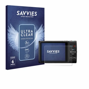 Front side of a product packaging with the brand logo Savvies. Next to it is the device Canon Digital Ixus 285 hs shown with t