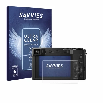 Front side of a product packaging with the brand logo Savvies. Next to it is the device Panasonic Lumix DMC-TZ101 shown with t