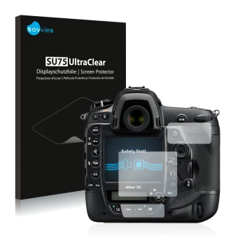 Front side of a product packaging with the brand logo Savvies. Next to it is the device Nikon D5 shown with the corresponding 