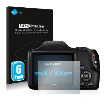 Front side of a product packaging with the brand logo Savvies. Next to it is the device Canon PowerShot SX540 HS shown with th