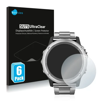 Front side of a product packaging with the brand logo Savvies. Next to it is the device Garmin Fenix 3 Saphir shown with the c