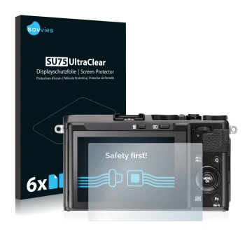 Front side of a product packaging with the brand logo Savvies. Next to it is the device Fujifilm FinePix X70 shown with the co