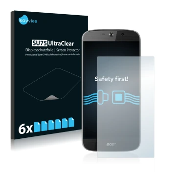 Front side of a product packaging with the brand logo Savvies. Next to it is the device Acer Liquid Jade Primo shown with the 