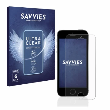 Front side of a product packaging with the brand logo Savvies. Next to it is the device Apple iPhone SE 2016 shown with the co