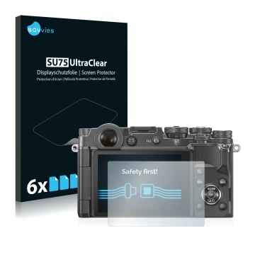 Front side of a product packaging with the brand logo Savvies. Next to it is the device Olympus PEN-F shown with the correspon