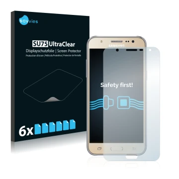 Front side of a product packaging with the brand logo Savvies. Next to it is the device Samsung Galaxy J7 2016 shown with the 