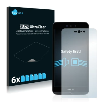 Front side of a product packaging with the brand logo Savvies. Next to it is the device BLU Dash X LTE shown with the correspo