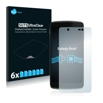 Front side of a product packaging with the brand logo Savvies. Next to it is the device Alcatel One Touch Idol 4 shown with th