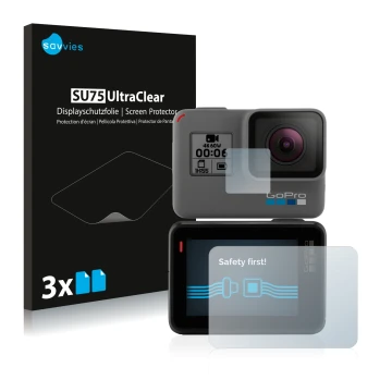 Front side of a product packaging with the brand logo Savvies. Next to it is the device GoPro Hero 5 Black shown with the corr