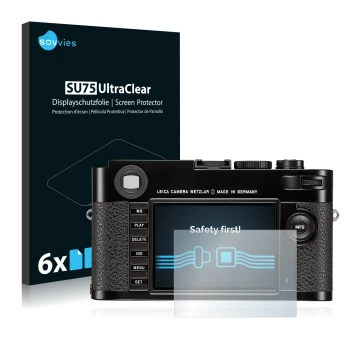 Front side of a product packaging with the brand logo Savvies. Next to it is the device Leica M (Typ 262) shown with the corre