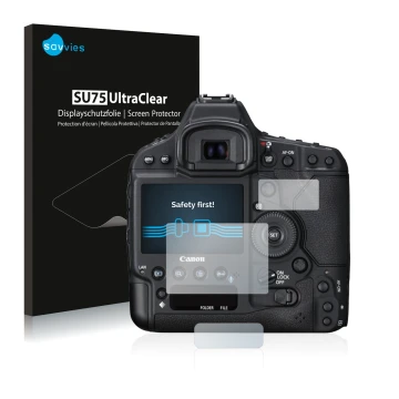 Front side of a product packaging with the brand logo Savvies. Next to it is the device Canon EOS 1D X Mark II shown with the 
