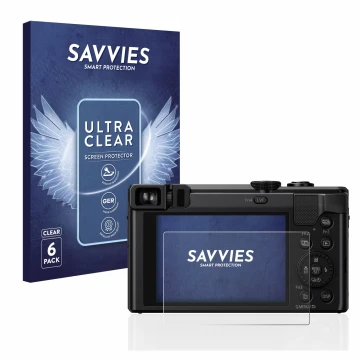 Front side of a product packaging with the brand logo Savvies. Next to it is the device Panasonic Lumix DMC-TZ80 shown with th