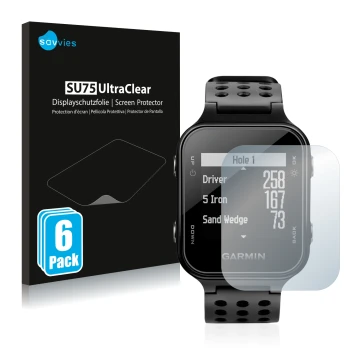 Front side of a product packaging with the brand logo Savvies. Next to it is the device Garmin Approach S20 shown with the cor